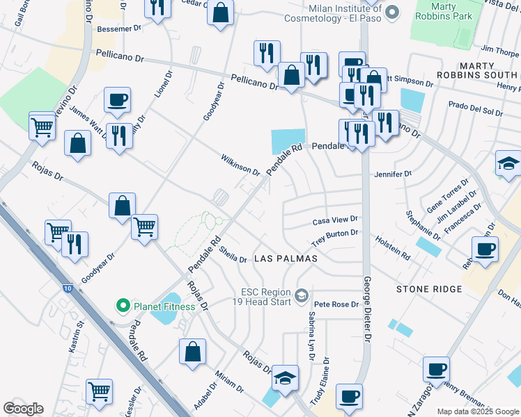 map of restaurants, bars, coffee shops, grocery stores, and more near 11605 Gordon Bays Way in El Paso