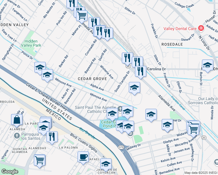 map of restaurants, bars, coffee shops, grocery stores, and more near 149 Aspen Road in El Paso