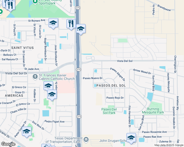 map of restaurants, bars, coffee shops, grocery stores, and more near 12373 Paseo Alegre Drive in El Paso