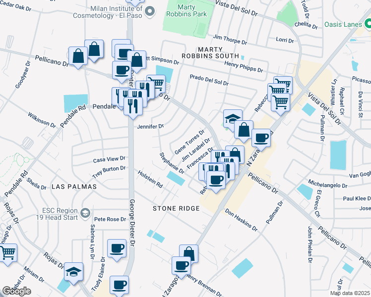 map of restaurants, bars, coffee shops, grocery stores, and more near 1450 Gene Torres Drive in El Paso