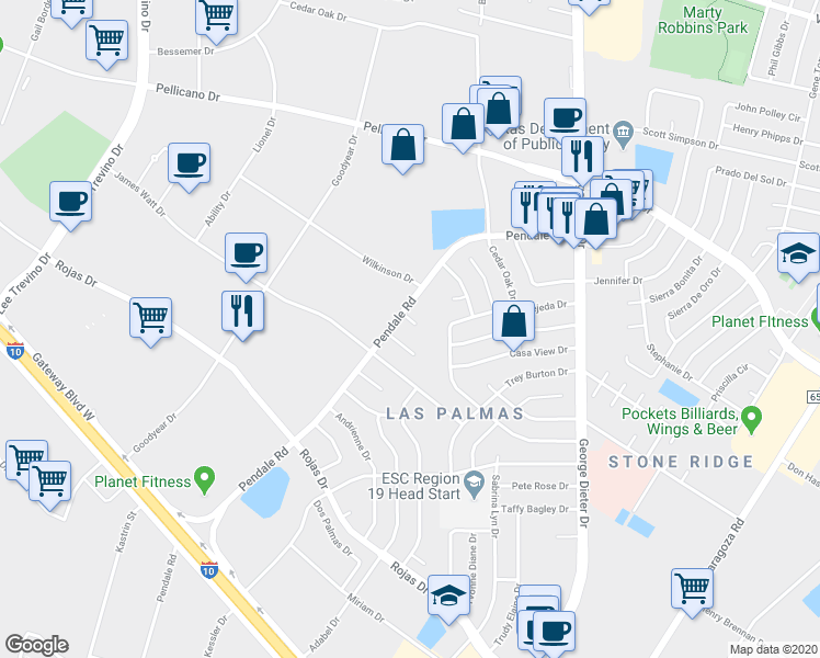 map of restaurants, bars, coffee shops, grocery stores, and more near 11605 Gordon Bays Way in El Paso