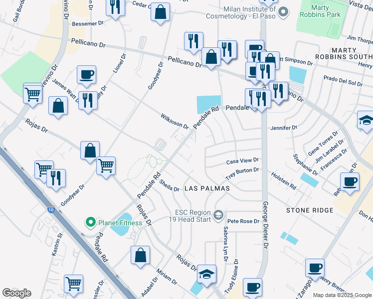 map of restaurants, bars, coffee shops, grocery stores, and more near 11604 Gordon Bays Way in El Paso