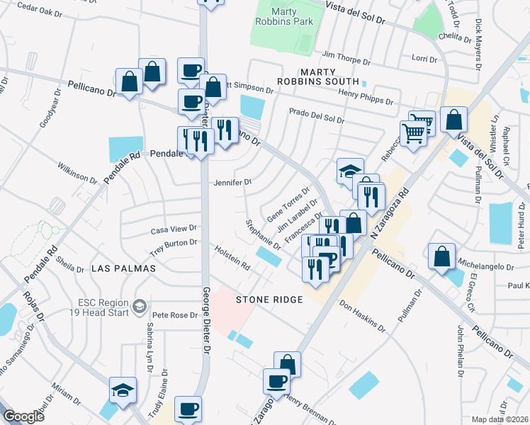 map of restaurants, bars, coffee shops, grocery stores, and more near 1452 Sierra De Oro Drive in El Paso