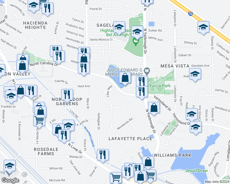 map of restaurants, bars, coffee shops, grocery stores, and more near 950 North Carolina Drive in El Paso