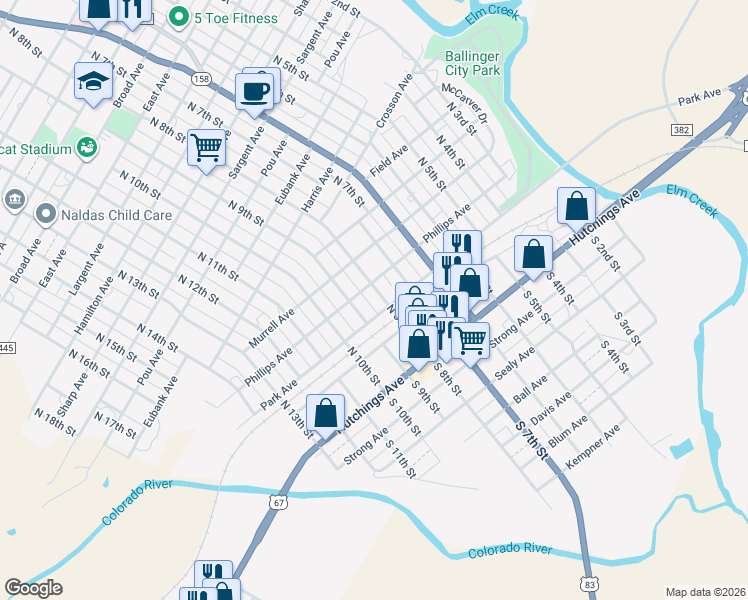 map of restaurants, bars, coffee shops, grocery stores, and more near 305 North 8th Street in Ballinger
