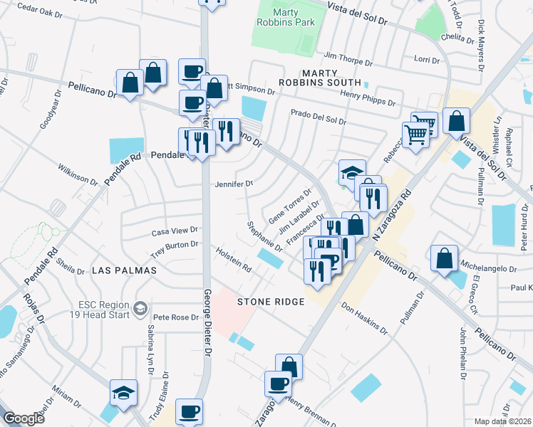 map of restaurants, bars, coffee shops, grocery stores, and more near 1452 Sierra De Oro Drive in El Paso