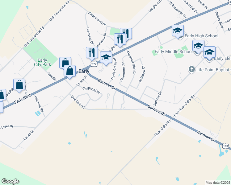 map of restaurants, bars, coffee shops, grocery stores, and more near 208 Garmon Drive in Early