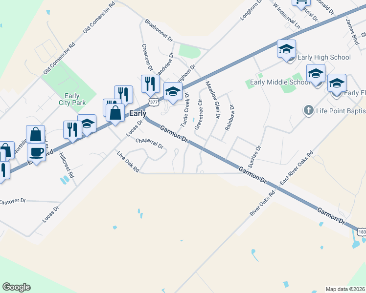 map of restaurants, bars, coffee shops, grocery stores, and more near 208 Garmon Drive in Early