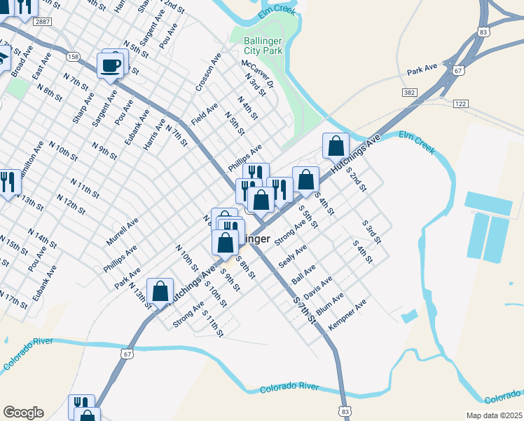 map of restaurants, bars, coffee shops, grocery stores, and more near in Ballinger