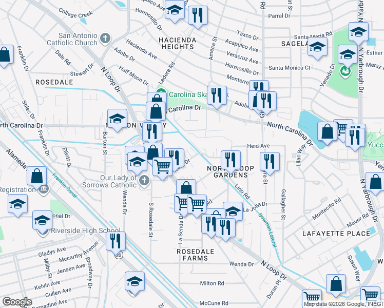 map of restaurants, bars, coffee shops, grocery stores, and more near 7676 Garden Place in El Paso