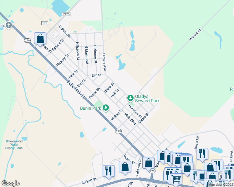 map of restaurants, bars, coffee shops, grocery stores, and more near 710 Oak Street in Brownwood