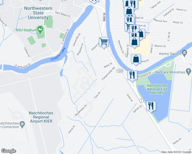 map of restaurants, bars, coffee shops, grocery stores, and more near 210 Fairgrounds Road in Natchitoches