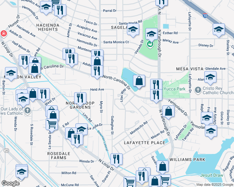 map of restaurants, bars, coffee shops, grocery stores, and more near 7740 Lilac Way in El Paso