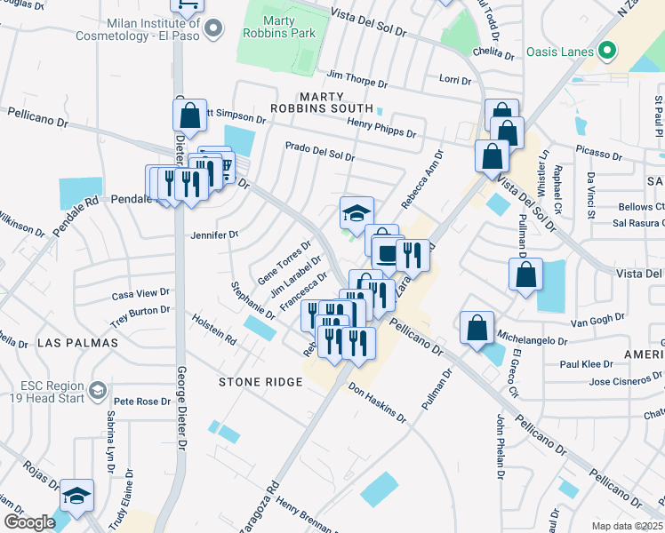 map of restaurants, bars, coffee shops, grocery stores, and more near Pellicano Drive in El Paso