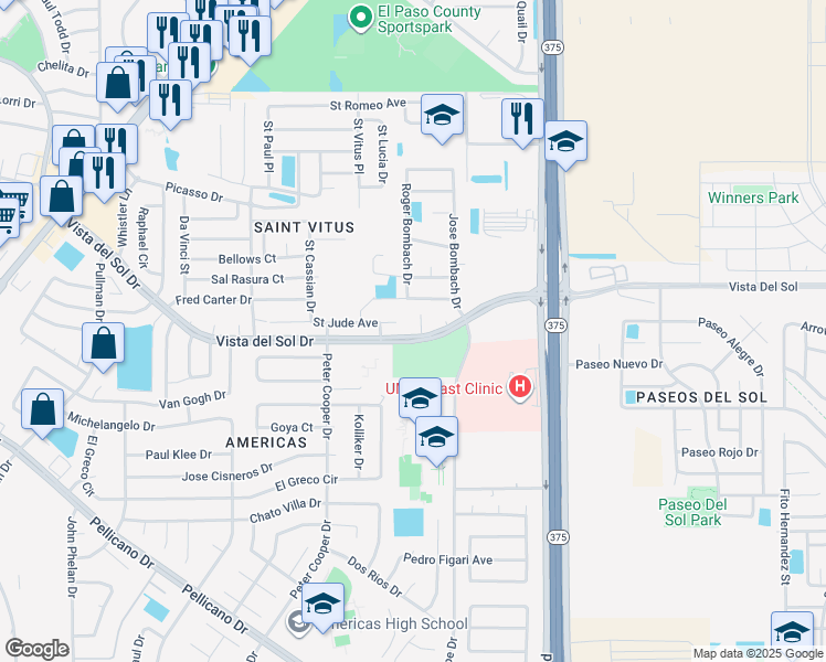 map of restaurants, bars, coffee shops, grocery stores, and more near 1601 Glenn James Place in El Paso