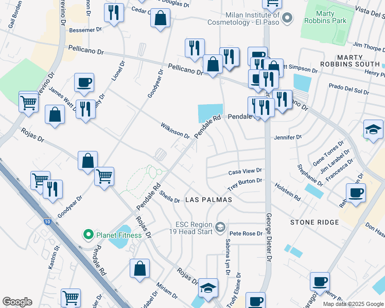 map of restaurants, bars, coffee shops, grocery stores, and more near 11605 Gordon Bays Way in El Paso