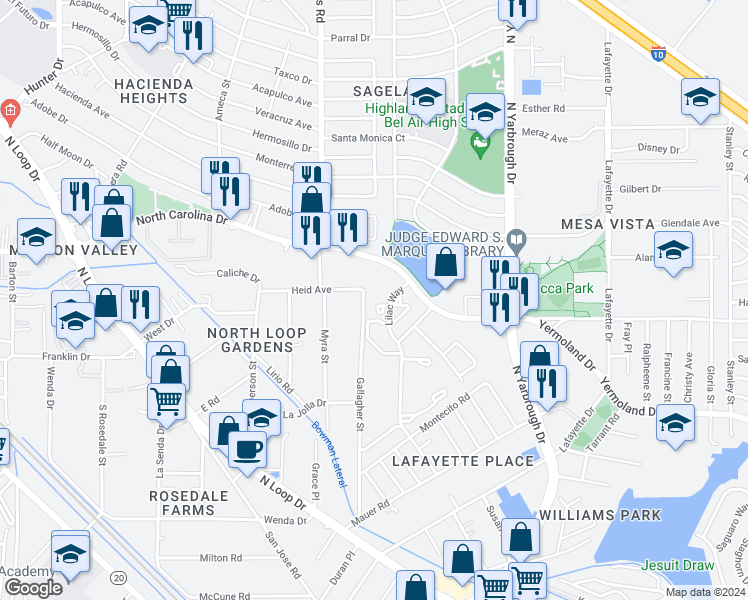 map of restaurants, bars, coffee shops, grocery stores, and more near 7740 Lilac Way in El Paso