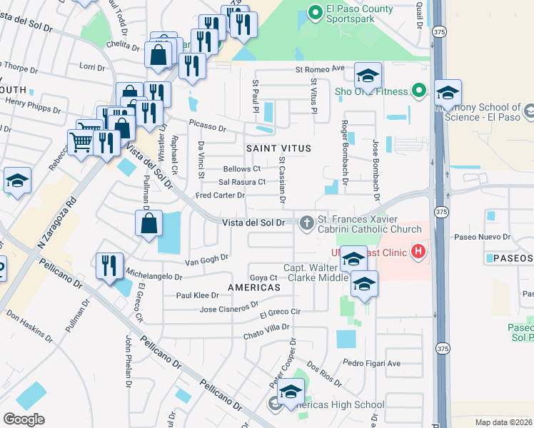 map of restaurants, bars, coffee shops, grocery stores, and more near 12112 Saint Jude Avenue in El Paso