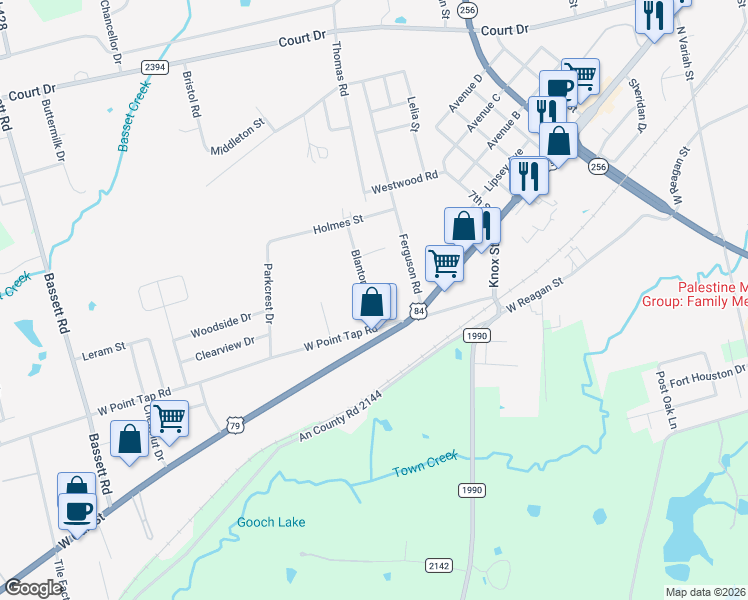 map of restaurants, bars, coffee shops, grocery stores, and more near 120 Blanton Road in Palestine