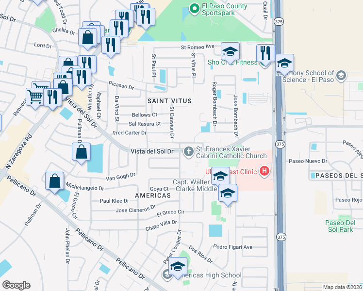 map of restaurants, bars, coffee shops, grocery stores, and more near 12136 Saint Jude Avenue in El Paso