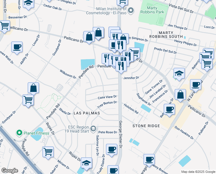 map of restaurants, bars, coffee shops, grocery stores, and more near 11524 Tony Tejeda Drive in El Paso