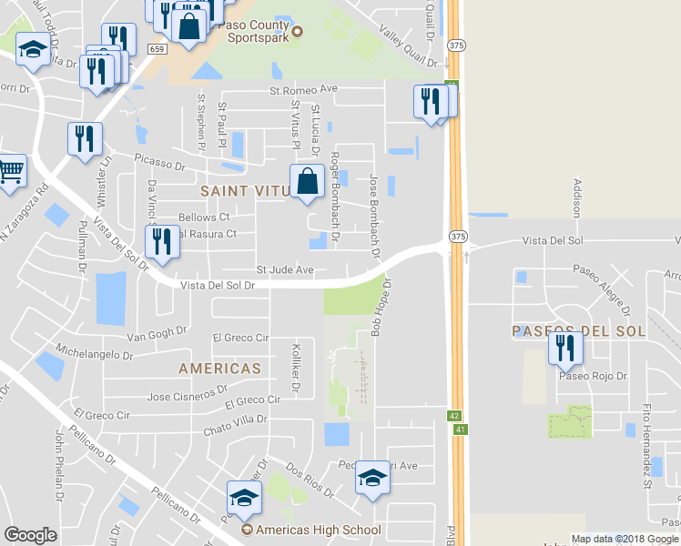 map of restaurants, bars, coffee shops, grocery stores, and more near 1605 Glenn James Place in El Paso