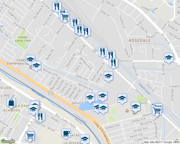 map of restaurants, bars, coffee shops, grocery stores, and more near 149 Aspen Road in El Paso