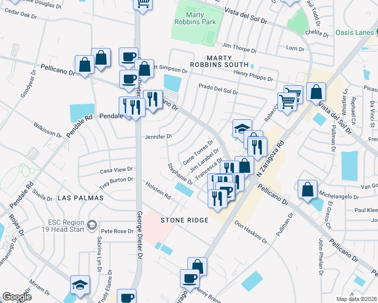 map of restaurants, bars, coffee shops, grocery stores, and more near 1452 Sierra De Oro Drive in El Paso