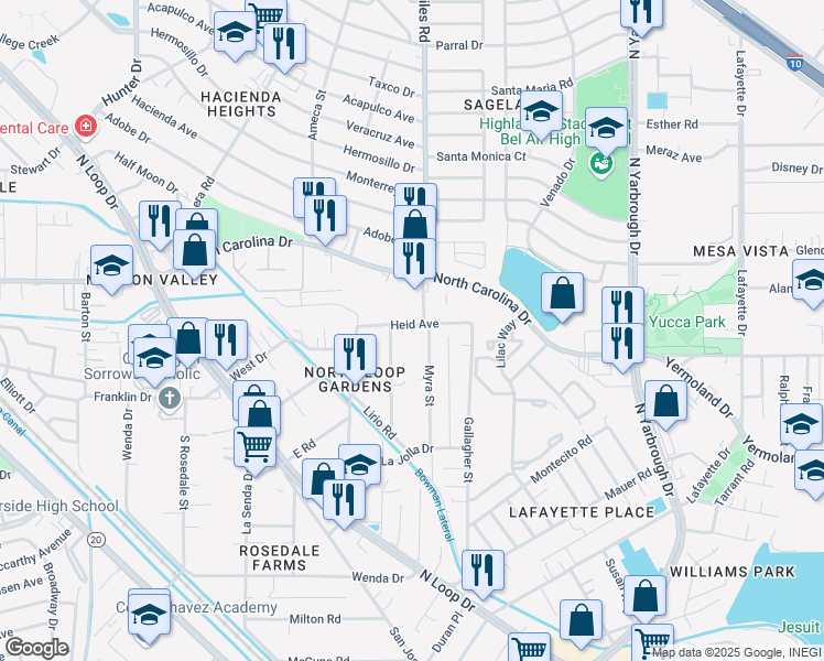 map of restaurants, bars, coffee shops, grocery stores, and more near 593 Myra Street in El Paso