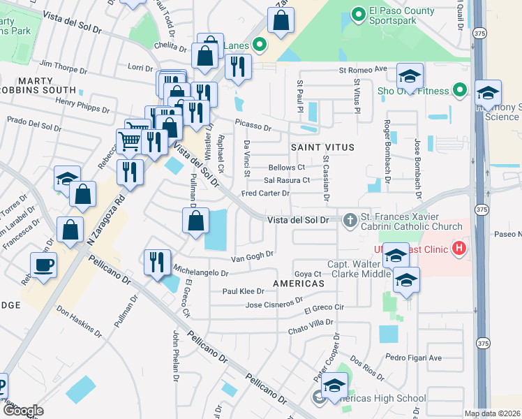 map of restaurants, bars, coffee shops, grocery stores, and more near 1605 Cezanne Circle in El Paso
