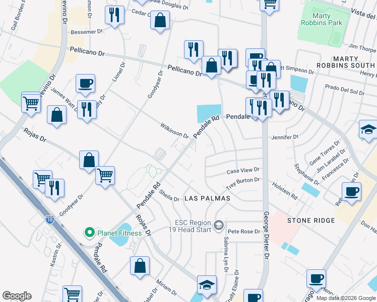 map of restaurants, bars, coffee shops, grocery stores, and more near 11601 Gordon Bays Way in El Paso
