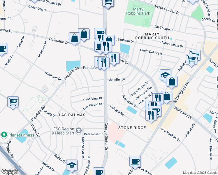 map of restaurants, bars, coffee shops, grocery stores, and more near 1450 George Dieter Drive in El Paso