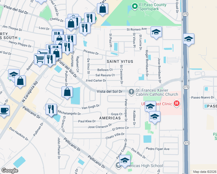 map of restaurants, bars, coffee shops, grocery stores, and more near 1584 Pete Faulkner Place in El Paso