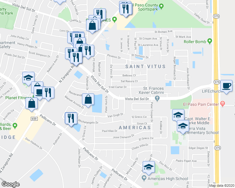 map of restaurants, bars, coffee shops, grocery stores, and more near 1605 Cezanne Circle in El Paso