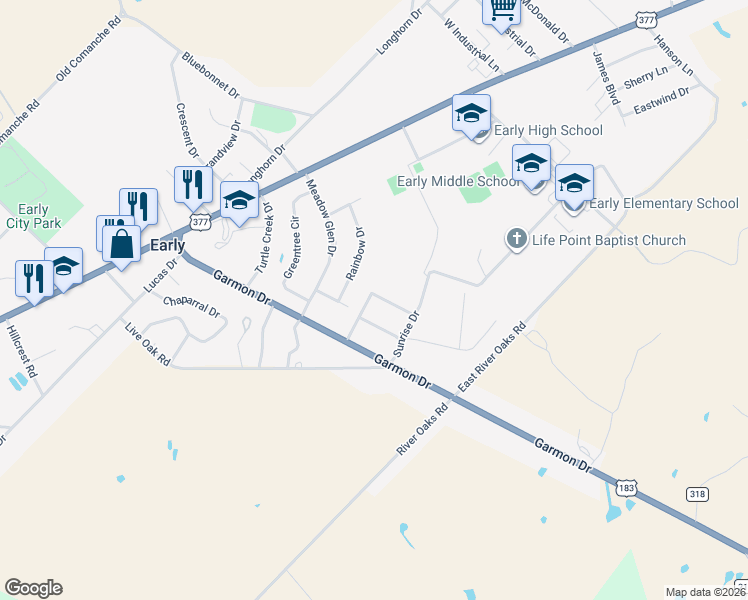 map of restaurants, bars, coffee shops, grocery stores, and more near 101 Broken Arrow Street in Early