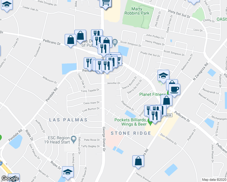 map of restaurants, bars, coffee shops, grocery stores, and more near 1410 Sierra Bonita Drive in El Paso