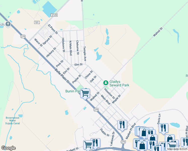 map of restaurants, bars, coffee shops, grocery stores, and more near 710 Oak Street in Brownwood