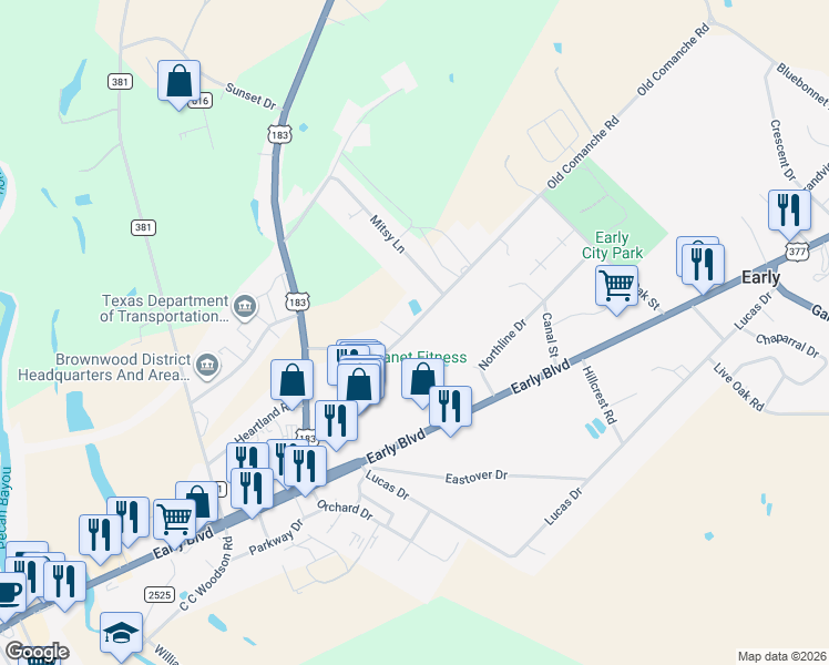 map of restaurants, bars, coffee shops, grocery stores, and more near 511 Old Comanche Road in Early