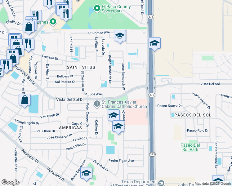 map of restaurants, bars, coffee shops, grocery stores, and more near 12241 Vista Del Sol Drive in El Paso