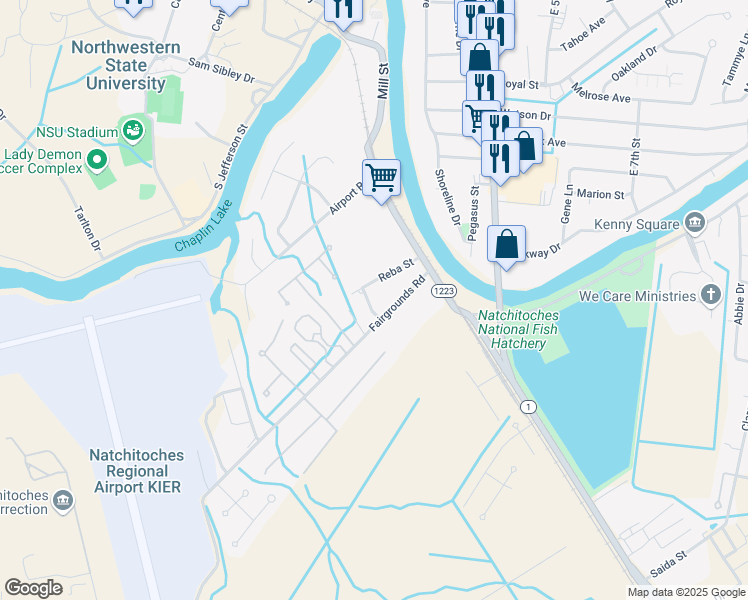 map of restaurants, bars, coffee shops, grocery stores, and more near 421 McDodson Way in Natchitoches
