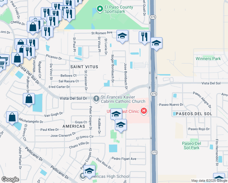 map of restaurants, bars, coffee shops, grocery stores, and more near 1613 Glenn James Place in El Paso