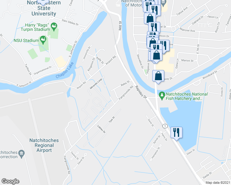 map of restaurants, bars, coffee shops, grocery stores, and more near 421 McDodson Way in Natchitoches