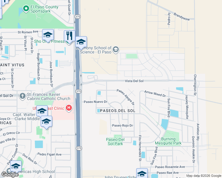 map of restaurants, bars, coffee shops, grocery stores, and more near 12409 Paseo Alegre Drive in El Paso