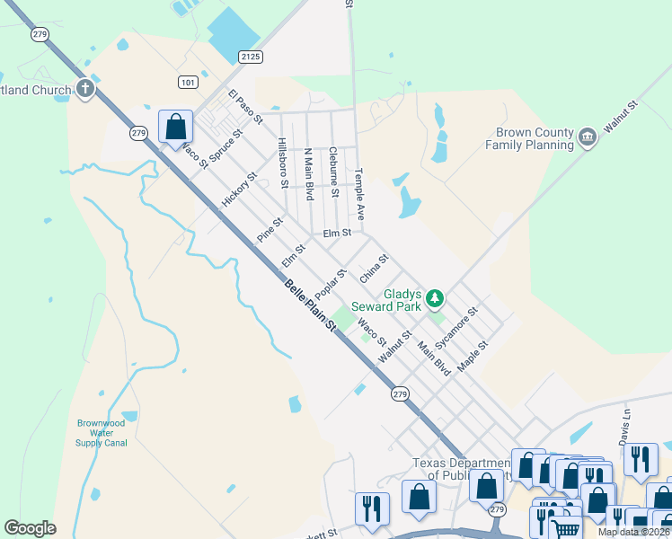 map of restaurants, bars, coffee shops, grocery stores, and more near 2301 Main Boulevard in Brownwood