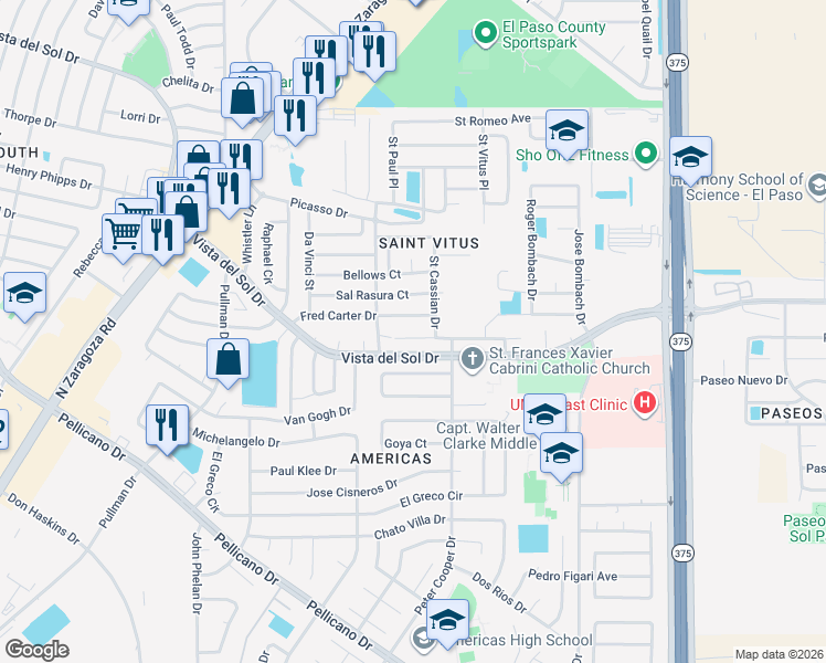 map of restaurants, bars, coffee shops, grocery stores, and more near 12112 Saint Jude Avenue in El Paso