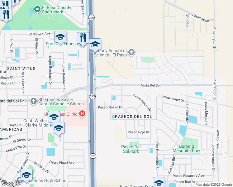 map of restaurants, bars, coffee shops, grocery stores, and more near 12373 Paseo Alegre Drive in El Paso