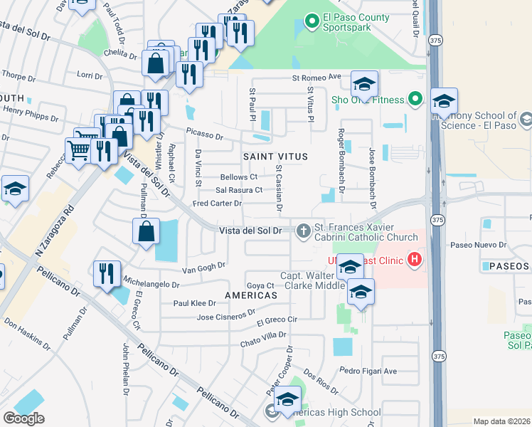 map of restaurants, bars, coffee shops, grocery stores, and more near 12112 Saint Jude Avenue in El Paso