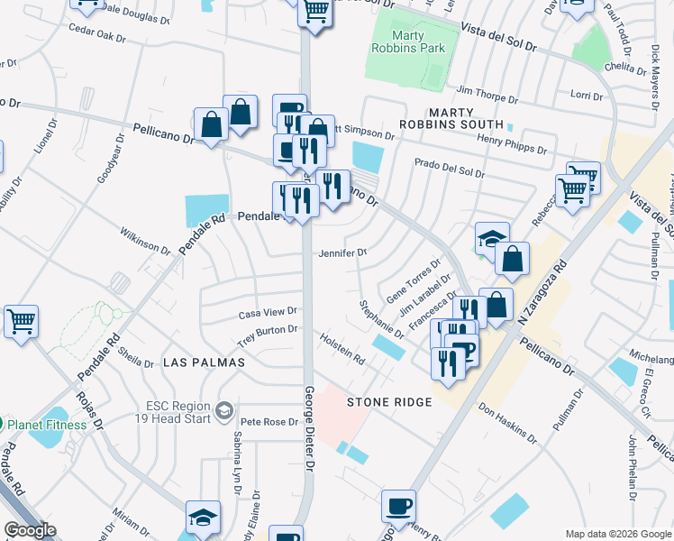 map of restaurants, bars, coffee shops, grocery stores, and more near 1410 Sierra Bonita Drive in El Paso
