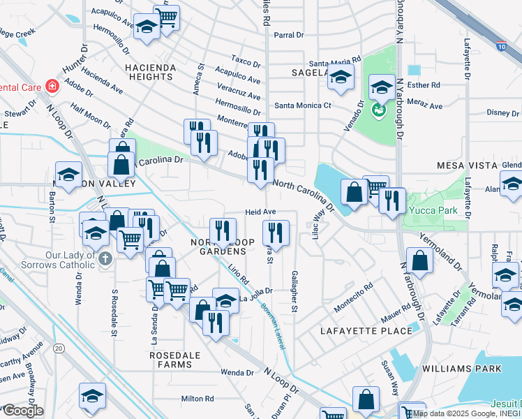 map of restaurants, bars, coffee shops, grocery stores, and more near 593 Myra Street in El Paso