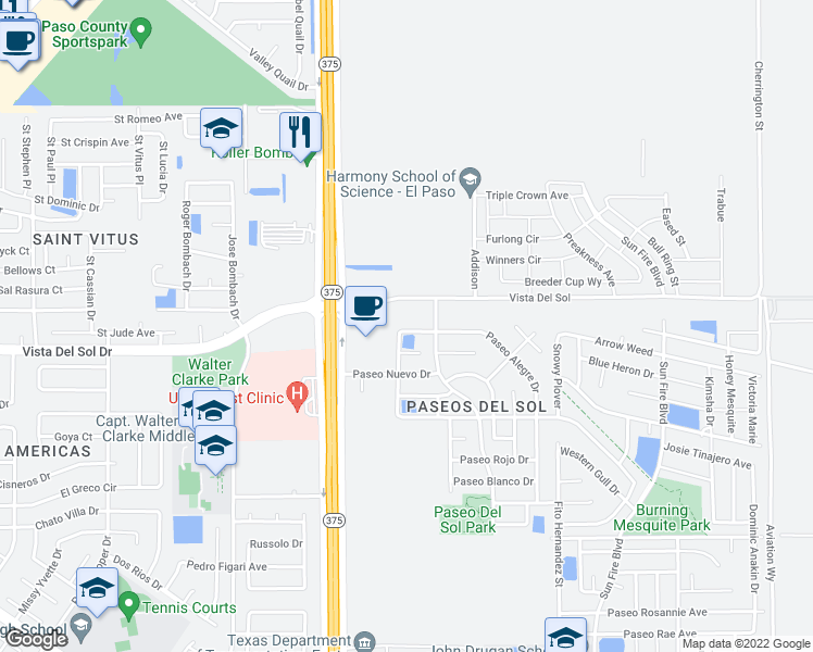 map of restaurants, bars, coffee shops, grocery stores, and more near 12373 Paseo Alegre Drive in El Paso